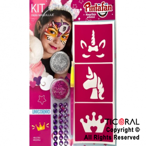 KIT PARA MAQUILLAJE UNICORNIO GLAM 2 COLORES+STRASS+PINCEL+STENCIL AUTOADHESIVO 652-03 x 1